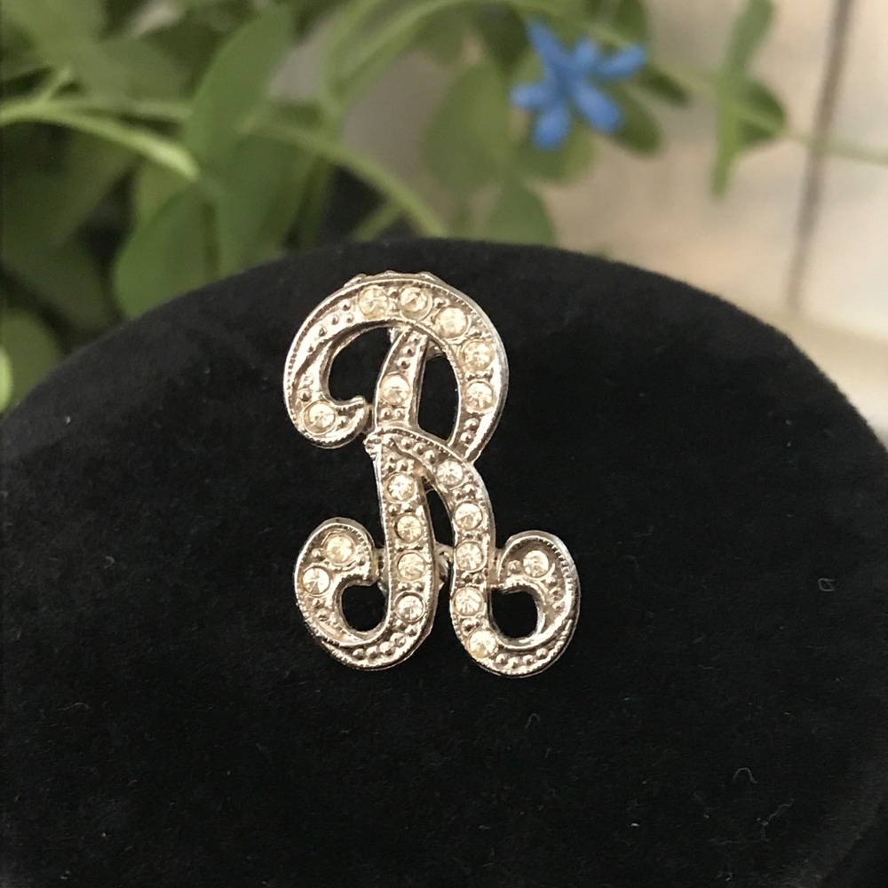 Vintage Silver Tone & Rhinestone Monogram "R" - Picture 2 of 3